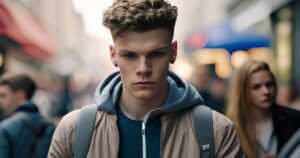 A teenager walks through the city
